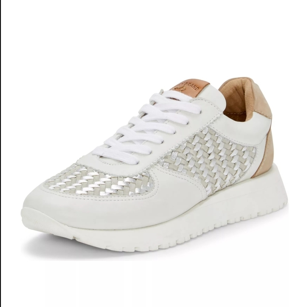 Lucky Brand Deva White Silver Genuine Leather Sneaker US 9 Tan NEW